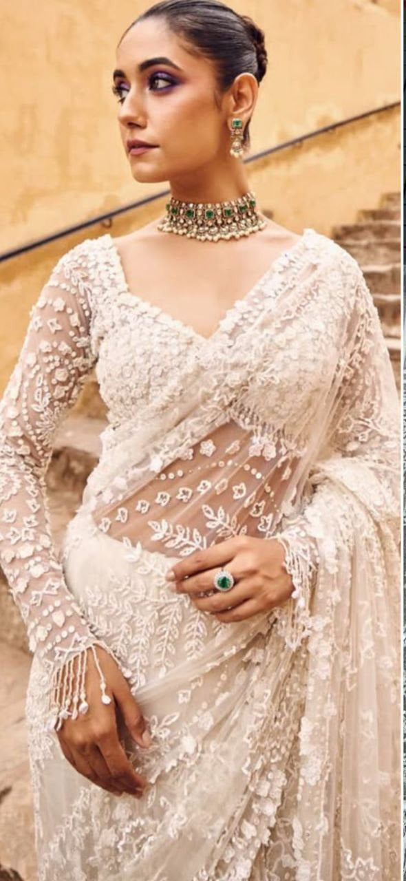 White butterfly net  saree with white sequence work