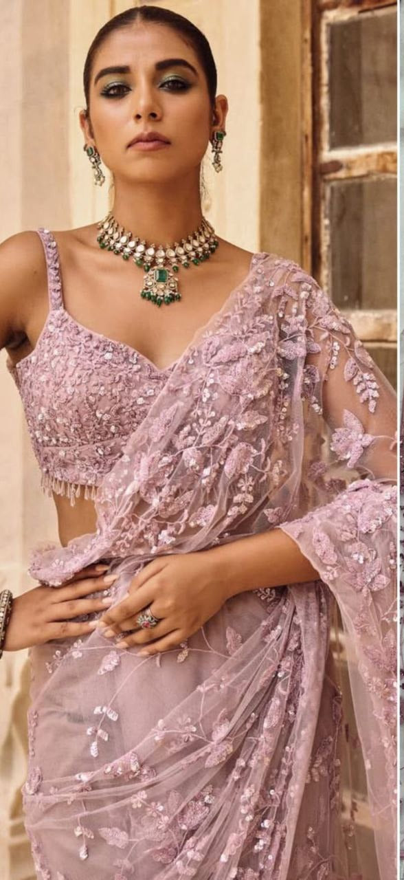 Pink sequence work net saree