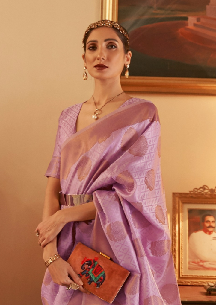 Silk Lilac Copper Zari Handloom Weaving Saree