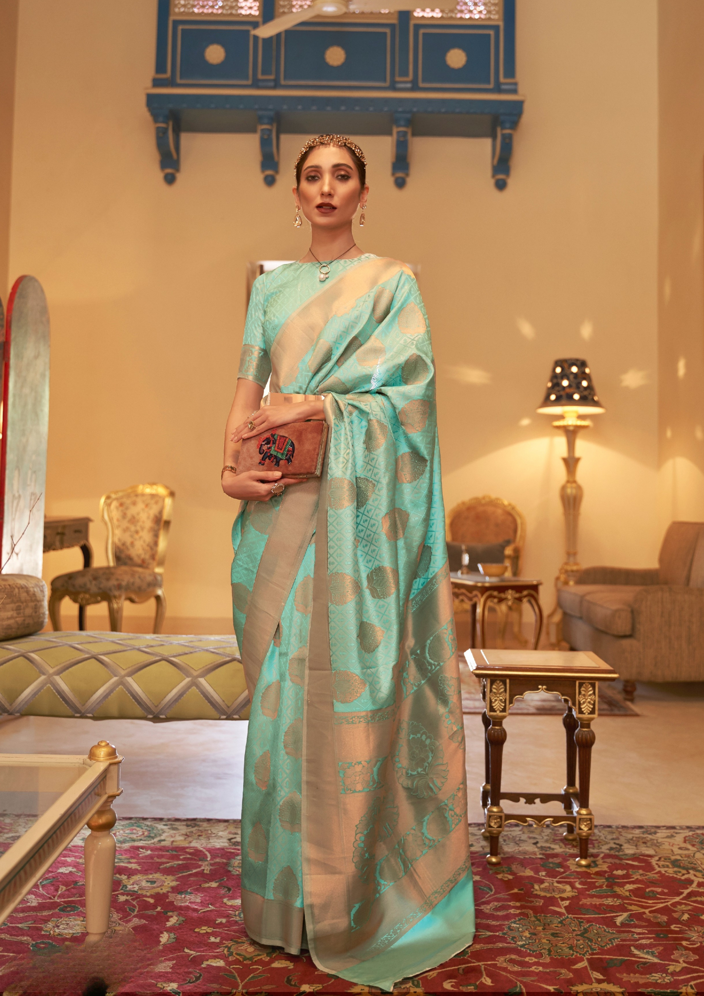 Silk Turquoise Copper Zari Handloom Weaving Saree