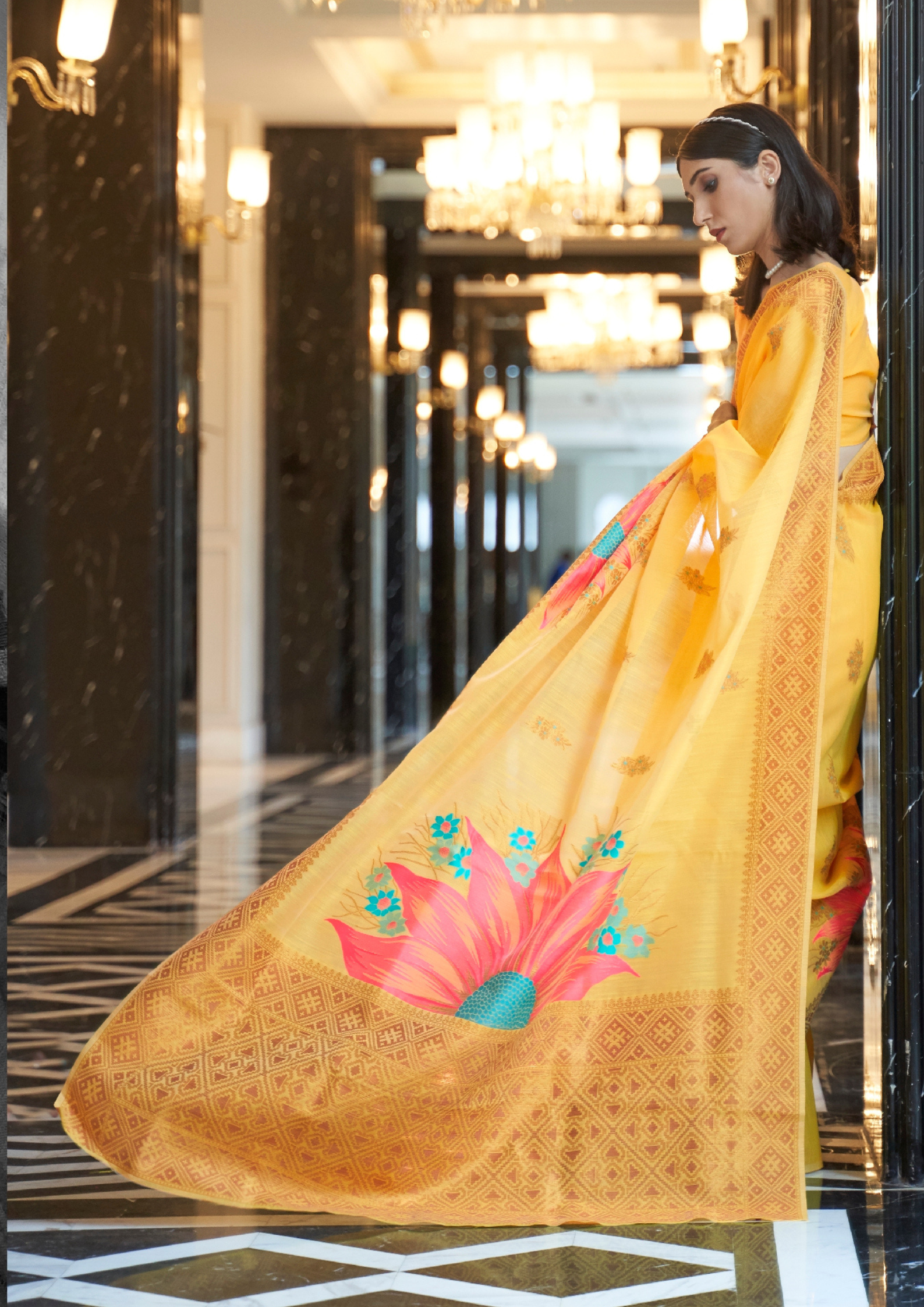 Yellow Pure linen weaving saree