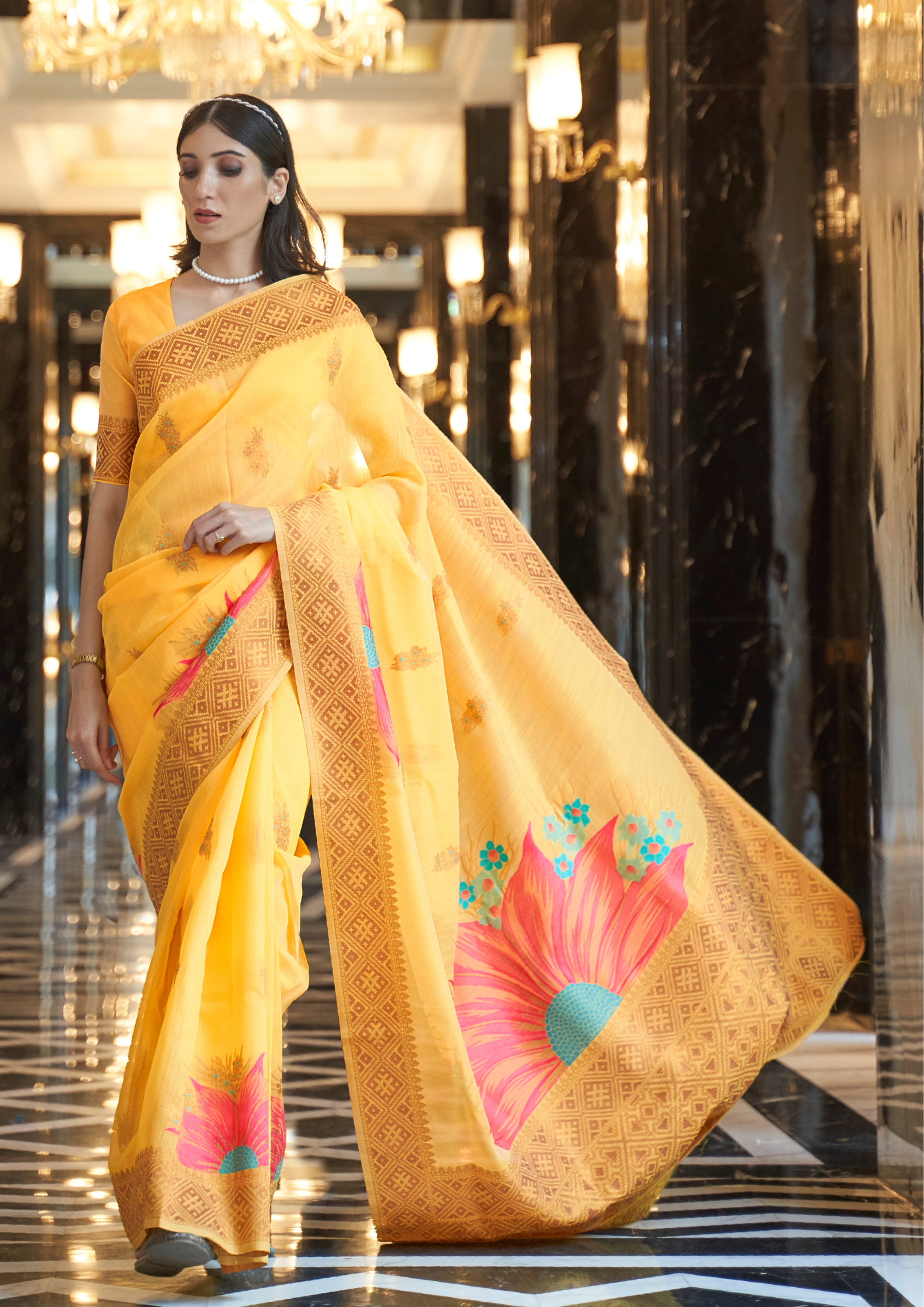 Yellow Pure linen weaving saree