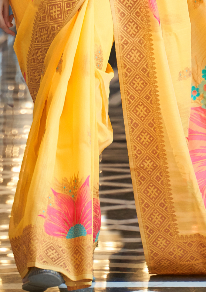 Yellow Pure linen weaving saree