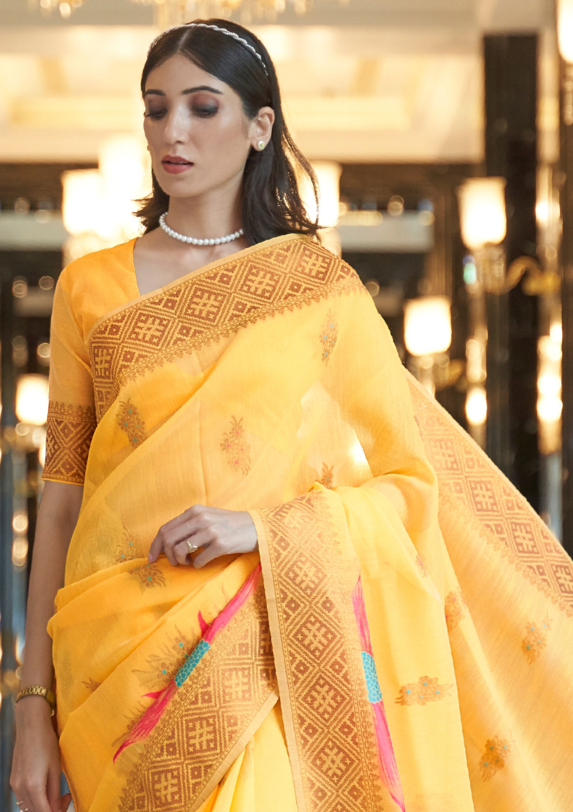 Yellow Pure linen weaving saree
