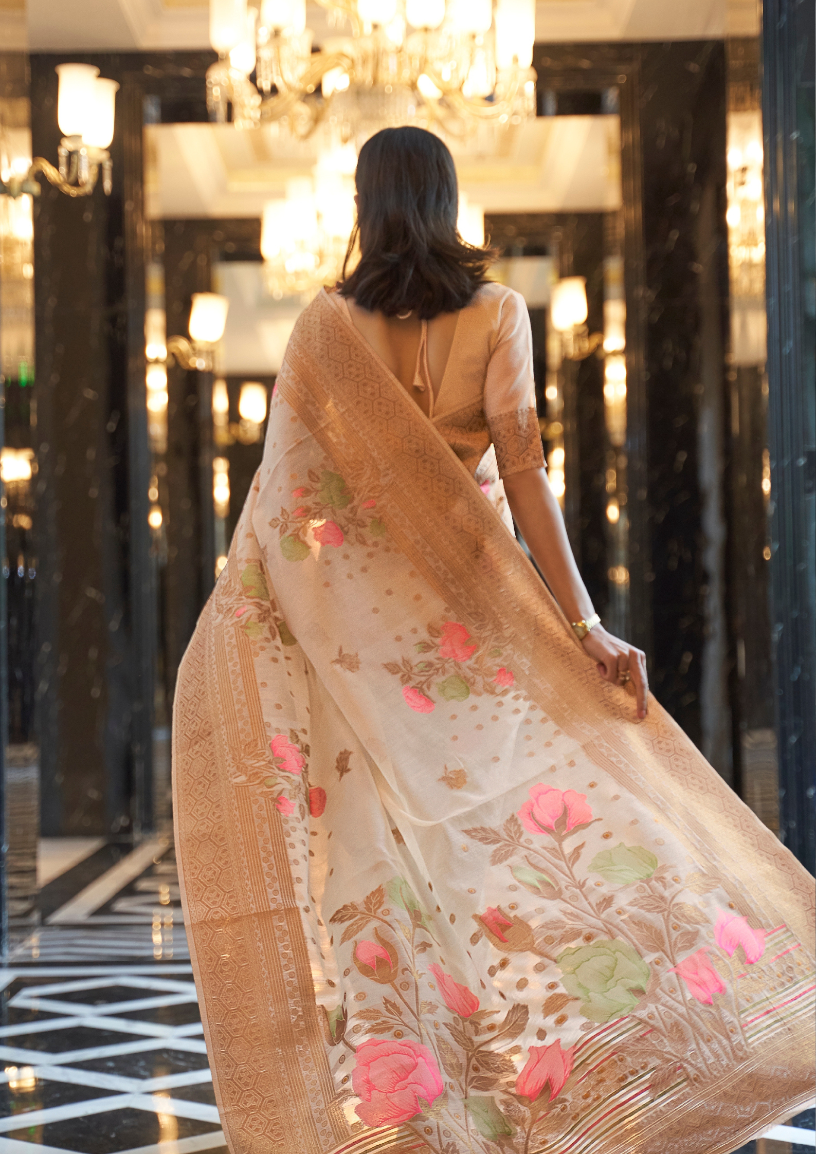 Gold Pure linen weaving saree