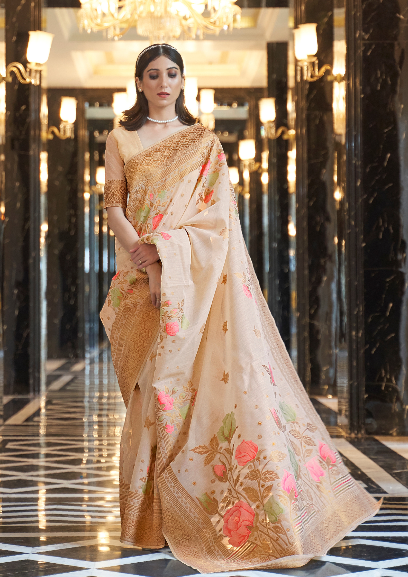 Gold Pure linen weaving saree