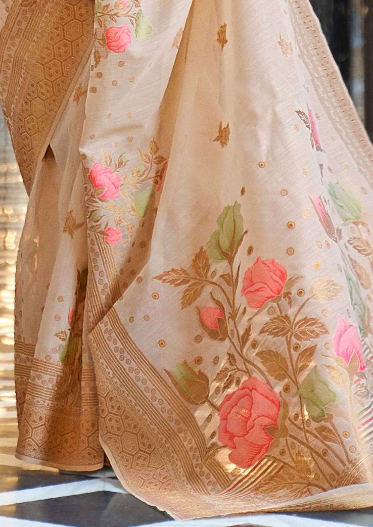 Gold Pure linen weaving saree