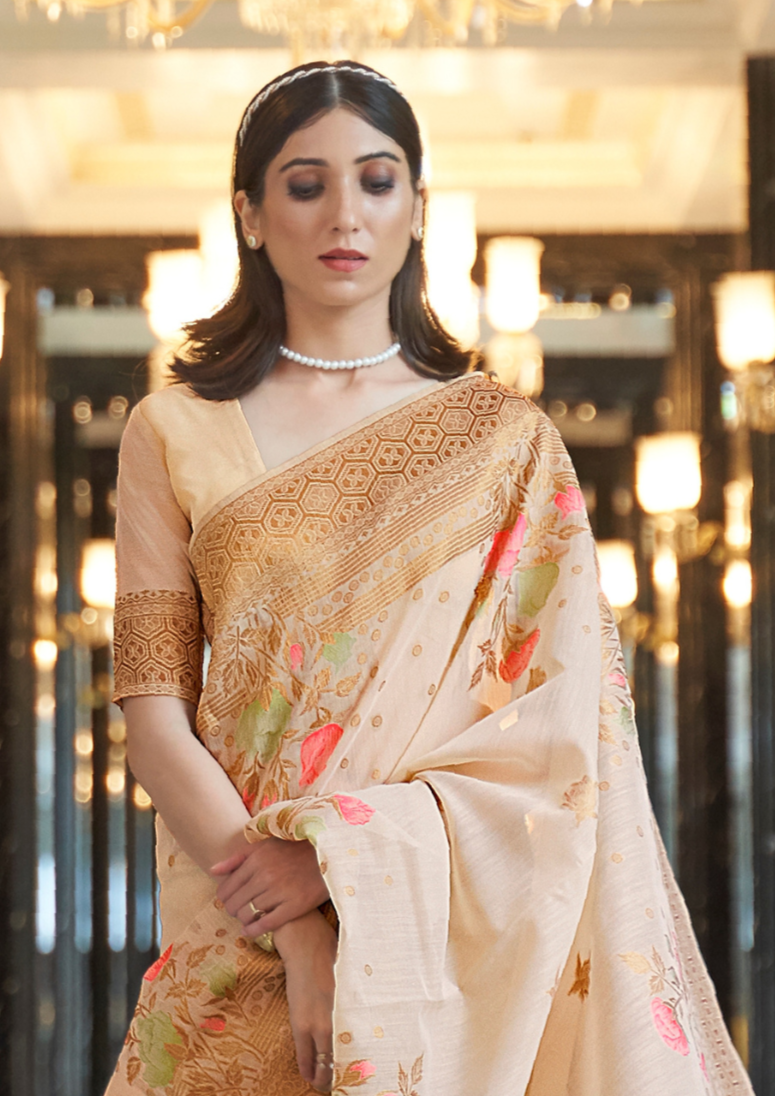 Gold Pure linen weaving saree