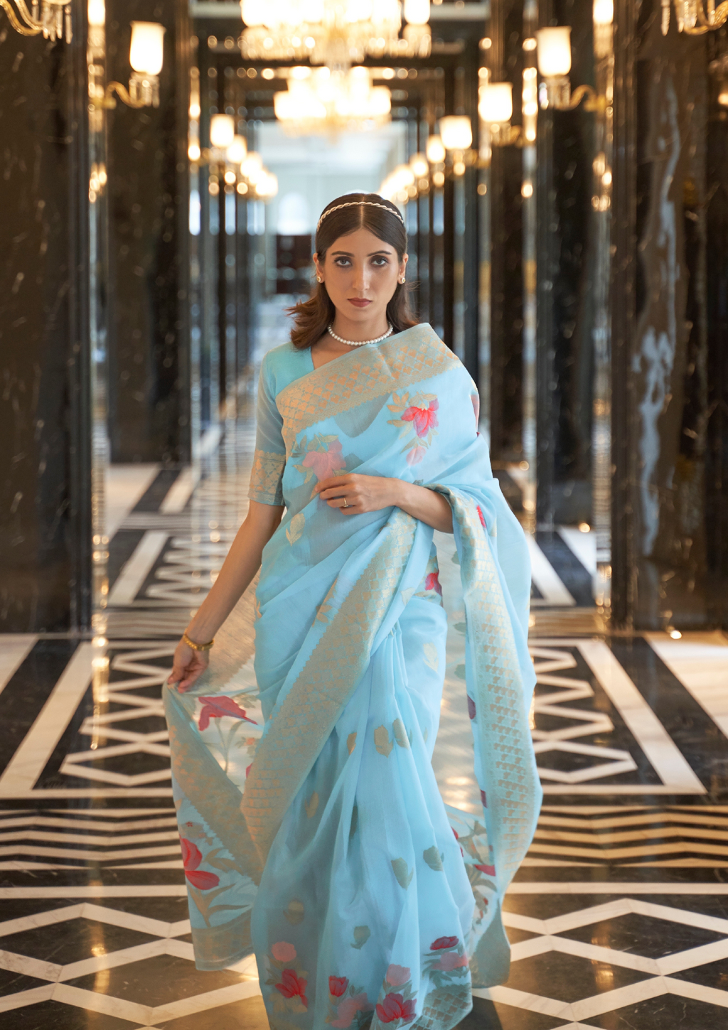 Blue Pure linen weaving saree
