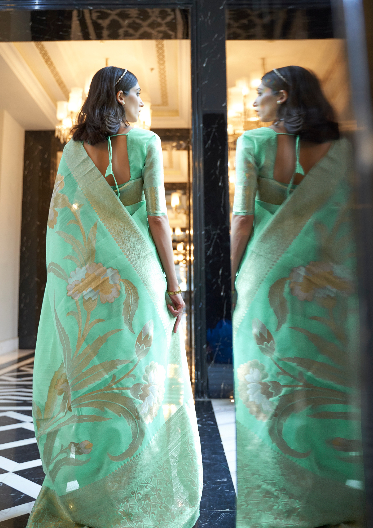 Teal Pure linen weaving saree