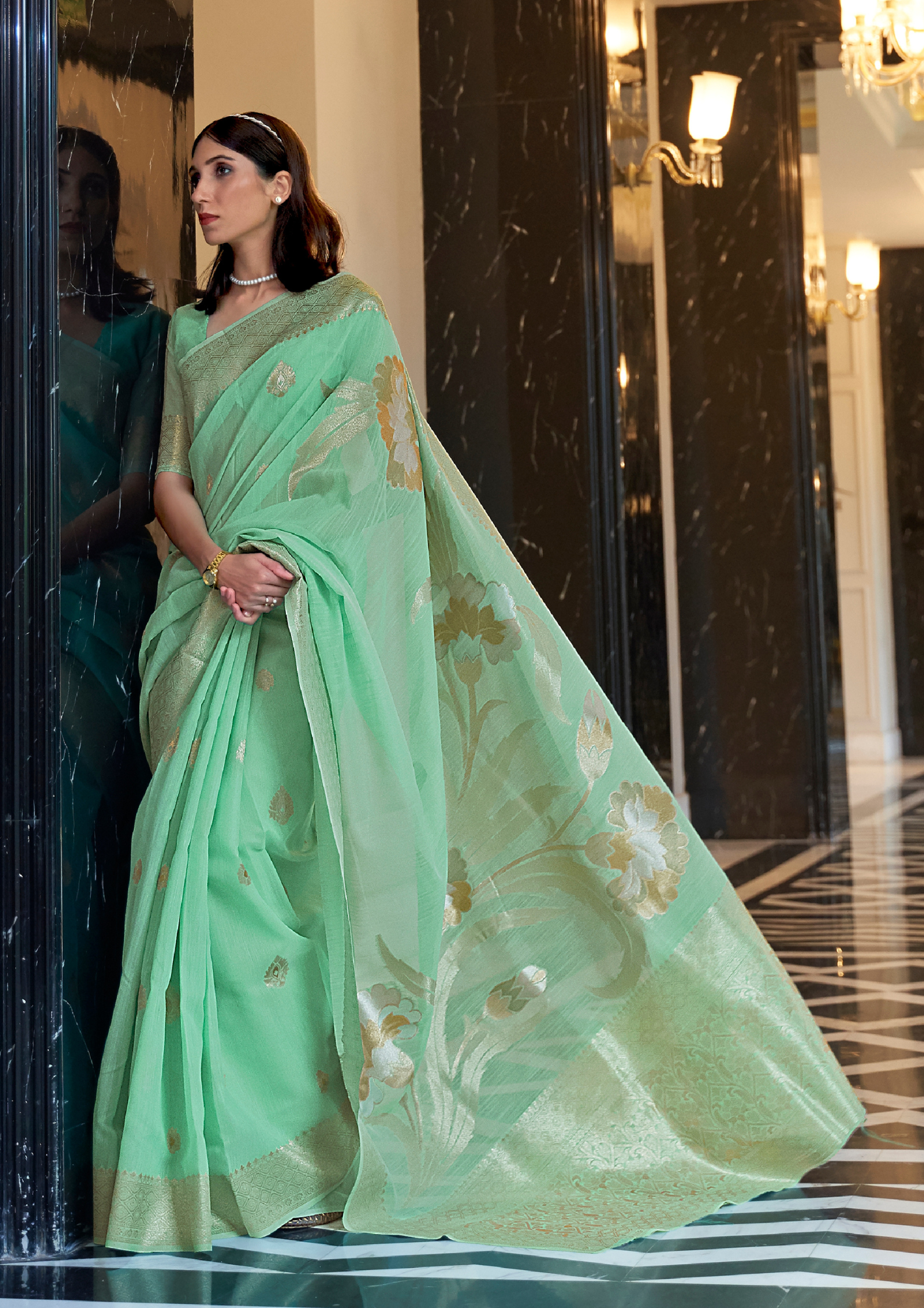 Teal Pure linen weaving saree