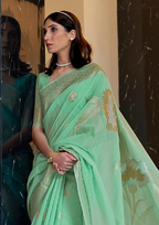Teal Pure linen weaving saree