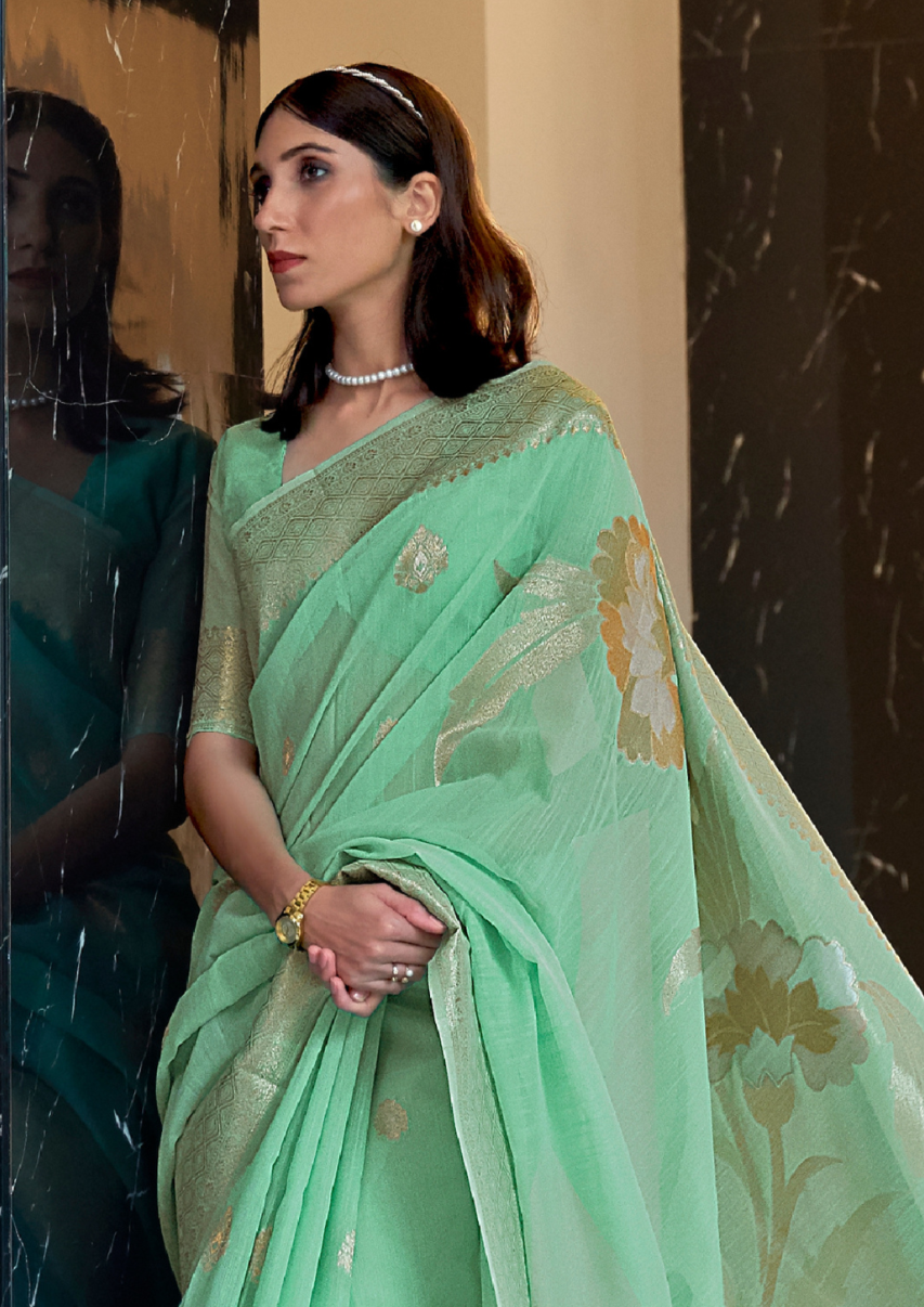 Teal Pure linen weaving saree