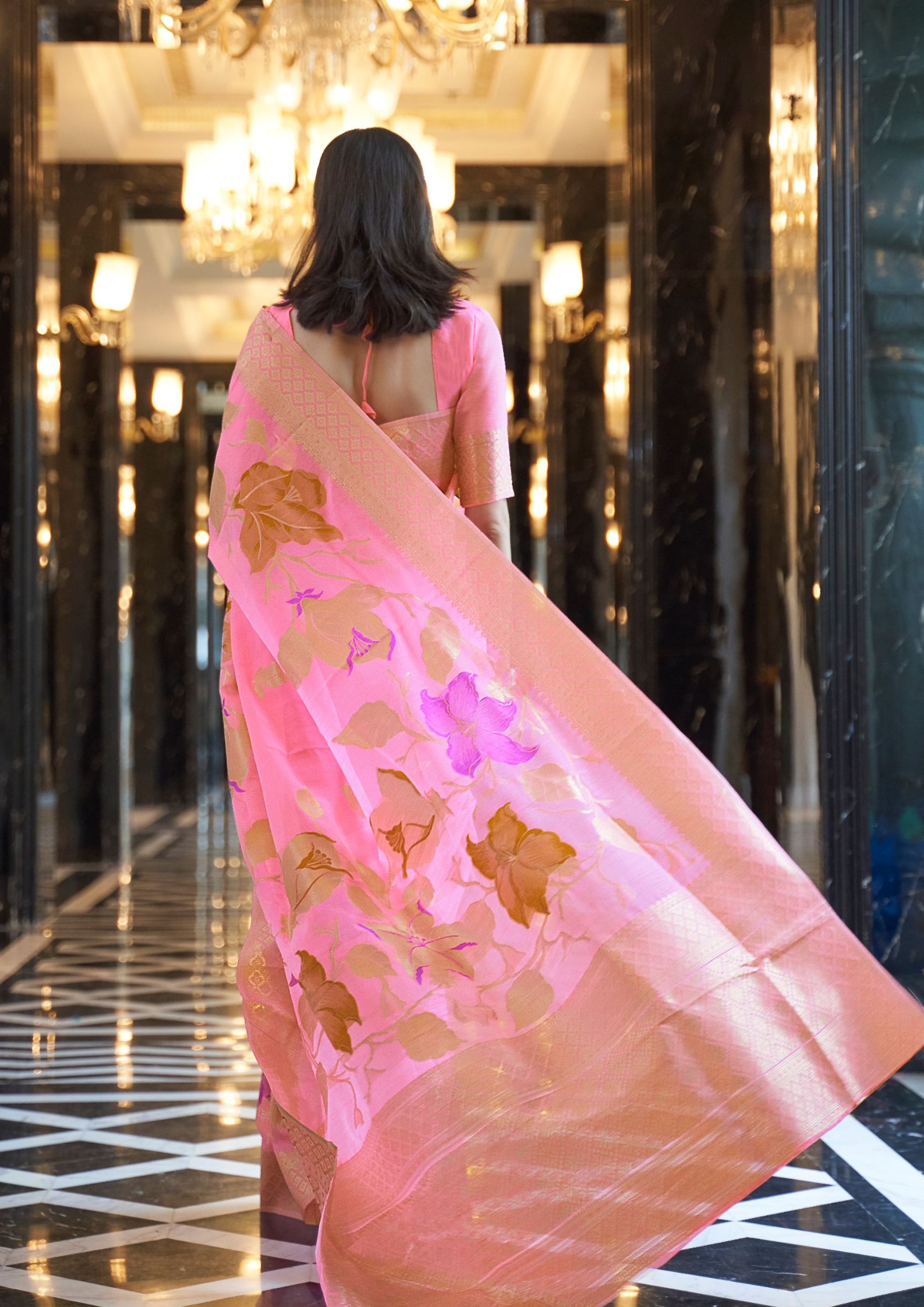 Pink Pure linen weaving saree