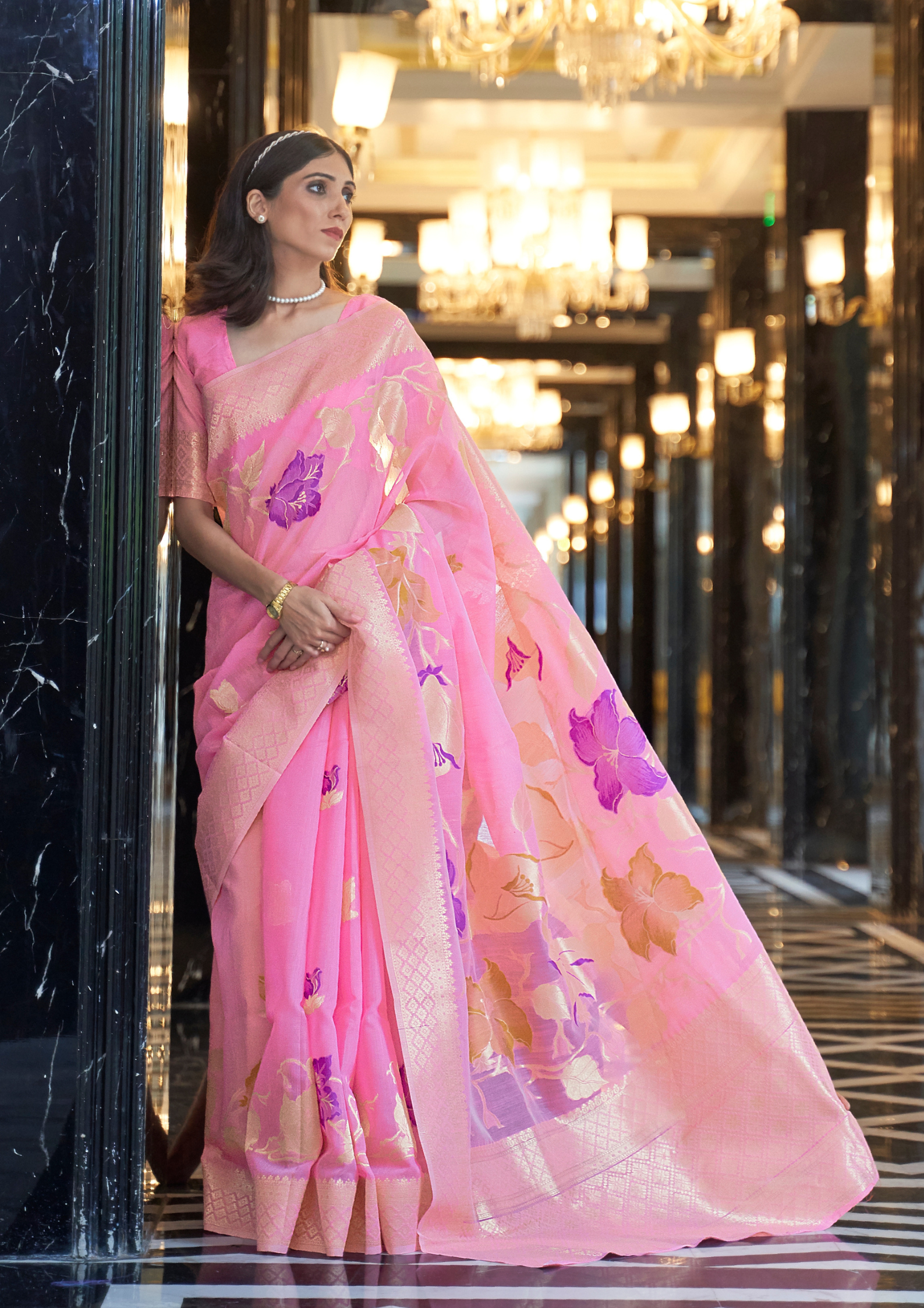 Pink Pure linen weaving saree