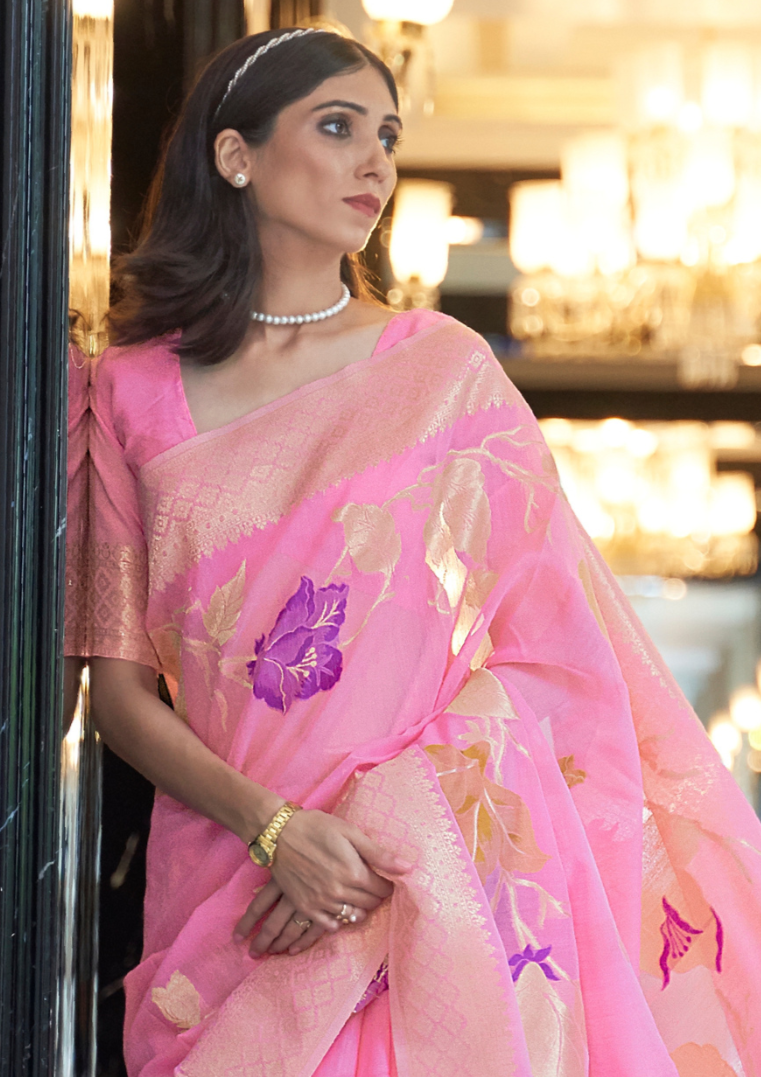 Pink Pure linen weaving saree