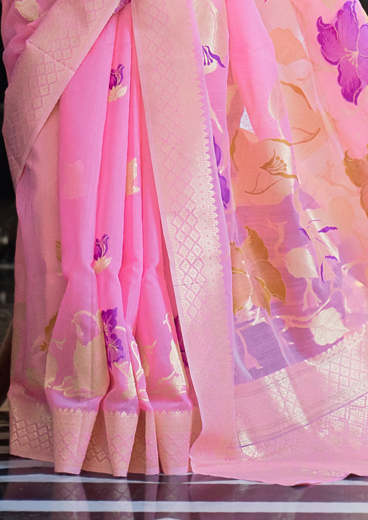 Pink Pure linen weaving saree