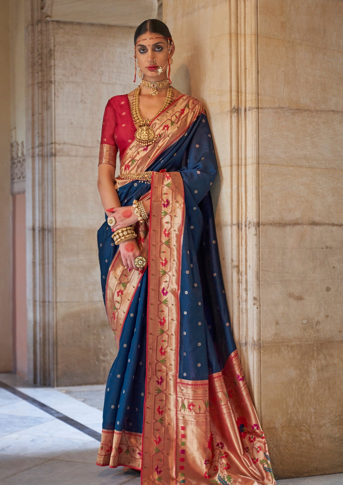 Paithani Silk Zari Weaving Navy Blue Saree