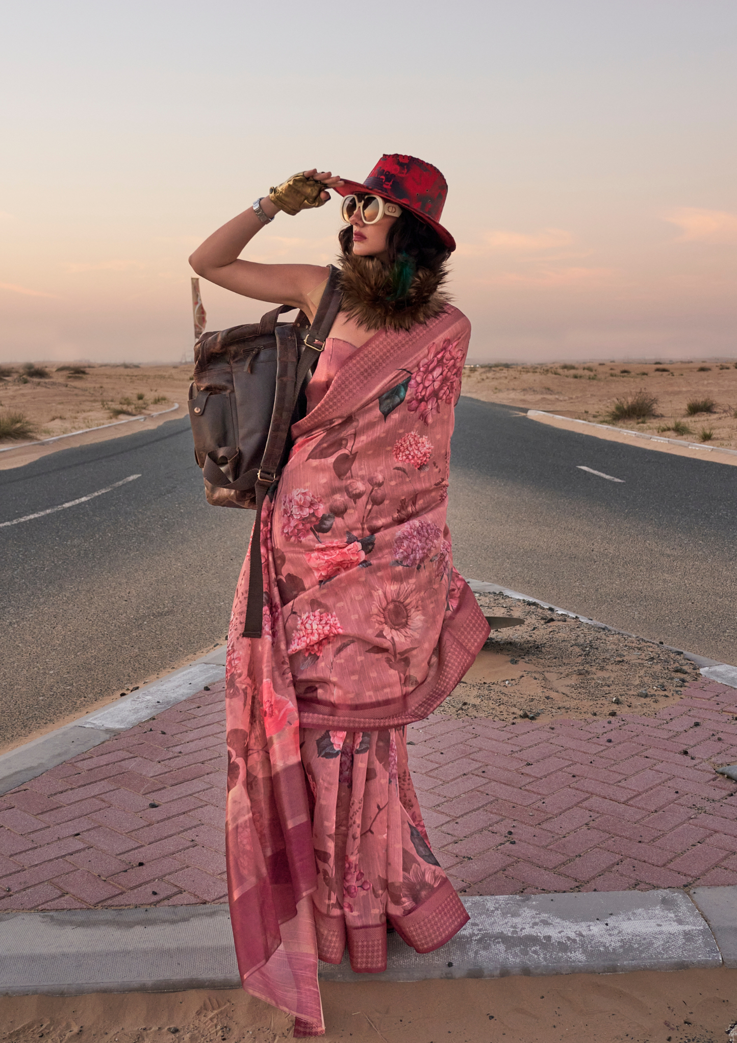 Peach handloom linen saree