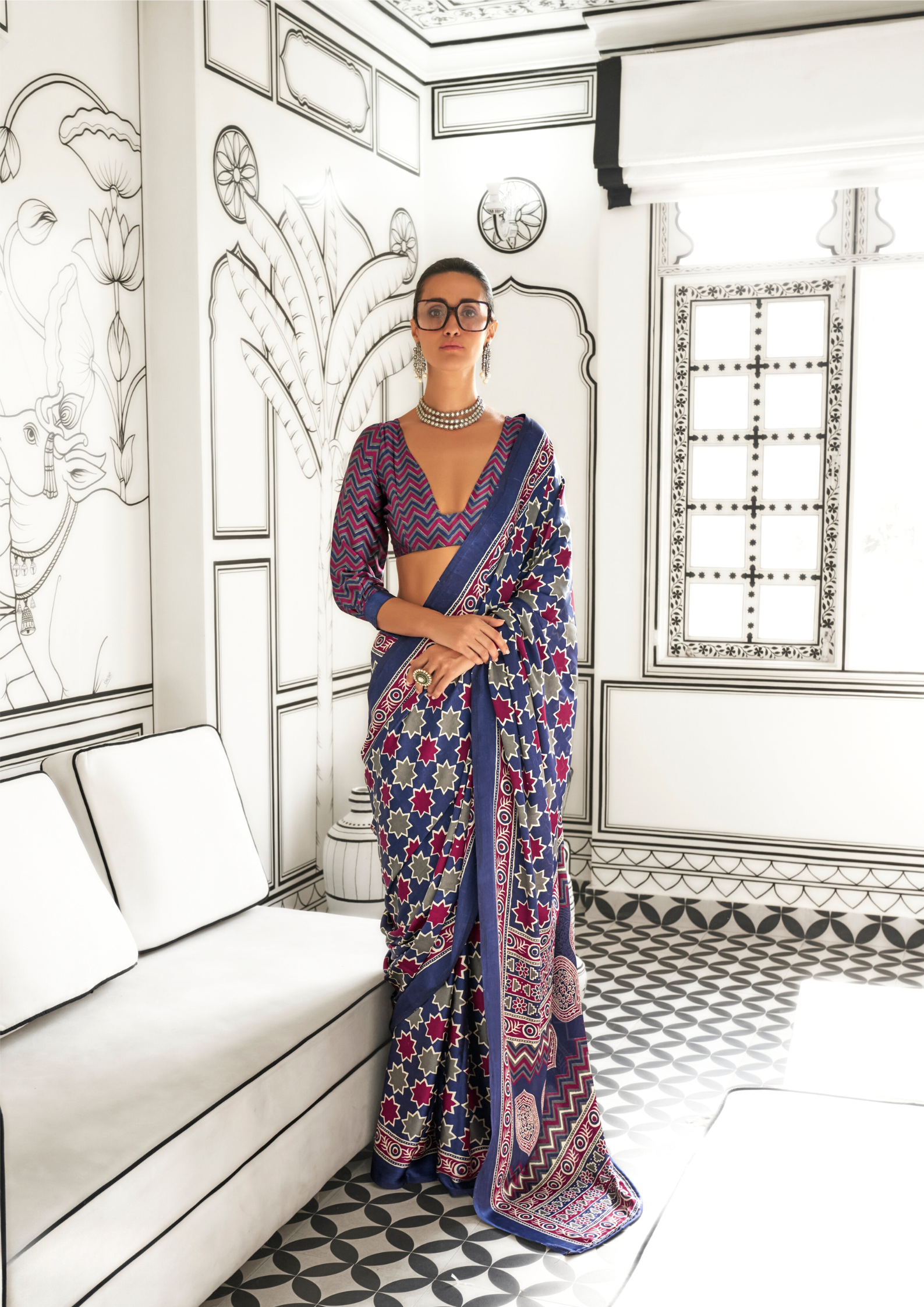 Blue Ajrakh Printed Satin crepe Saree