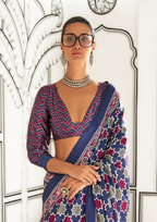 Blue Ajrakh Printed Satin crepe Saree