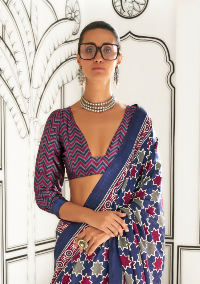 Blue Ajrakh Printed Satin crepe Saree