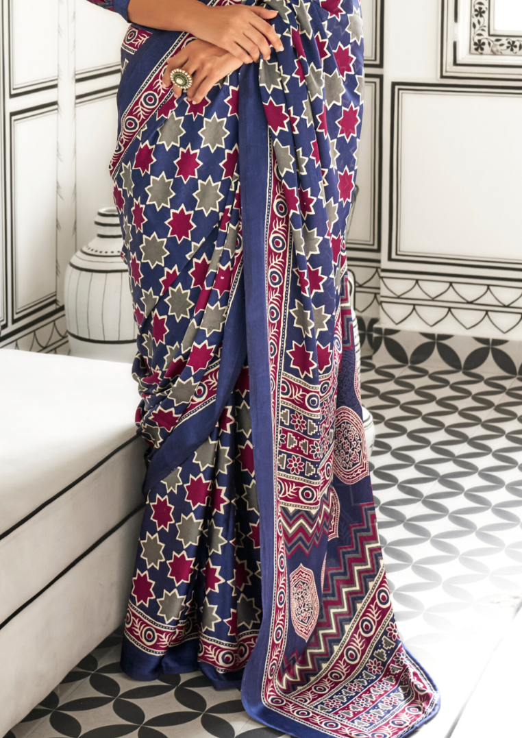 Blue Ajrakh Printed Satin crepe Saree