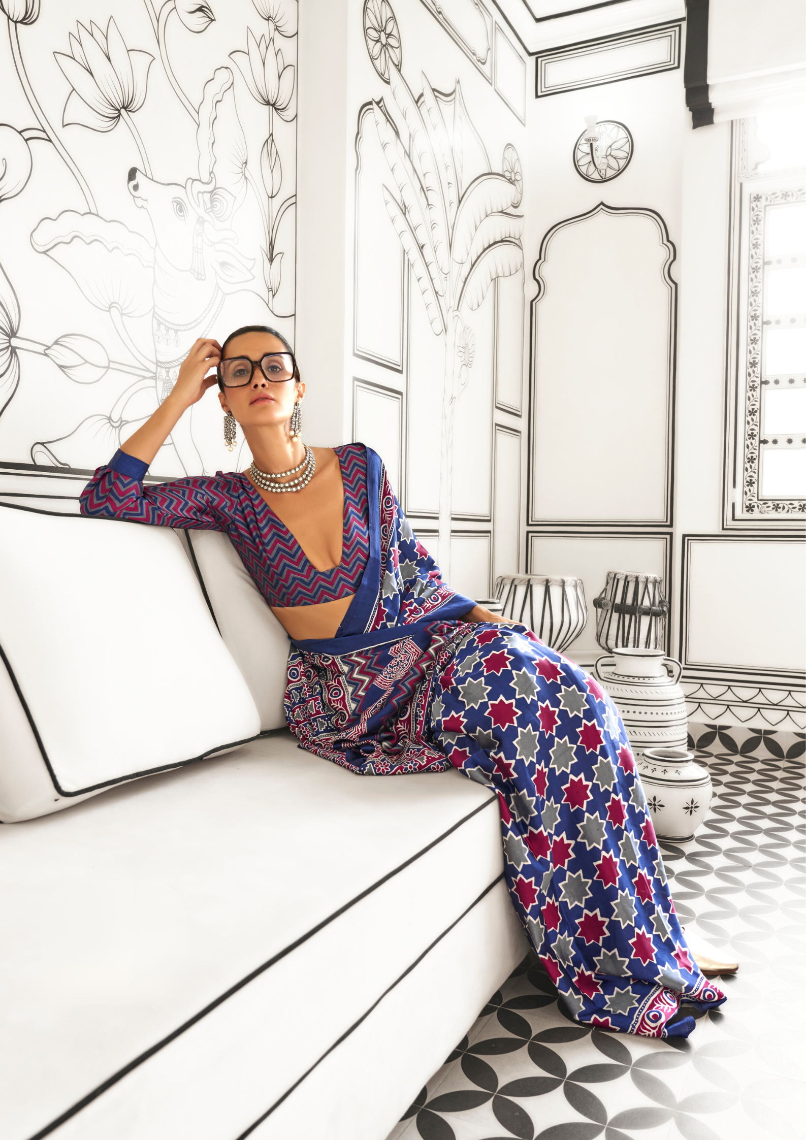Blue Ajrakh Printed Satin crepe Saree