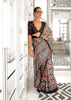 Green and Orange Ajrakh Printed Satin crepe Saree