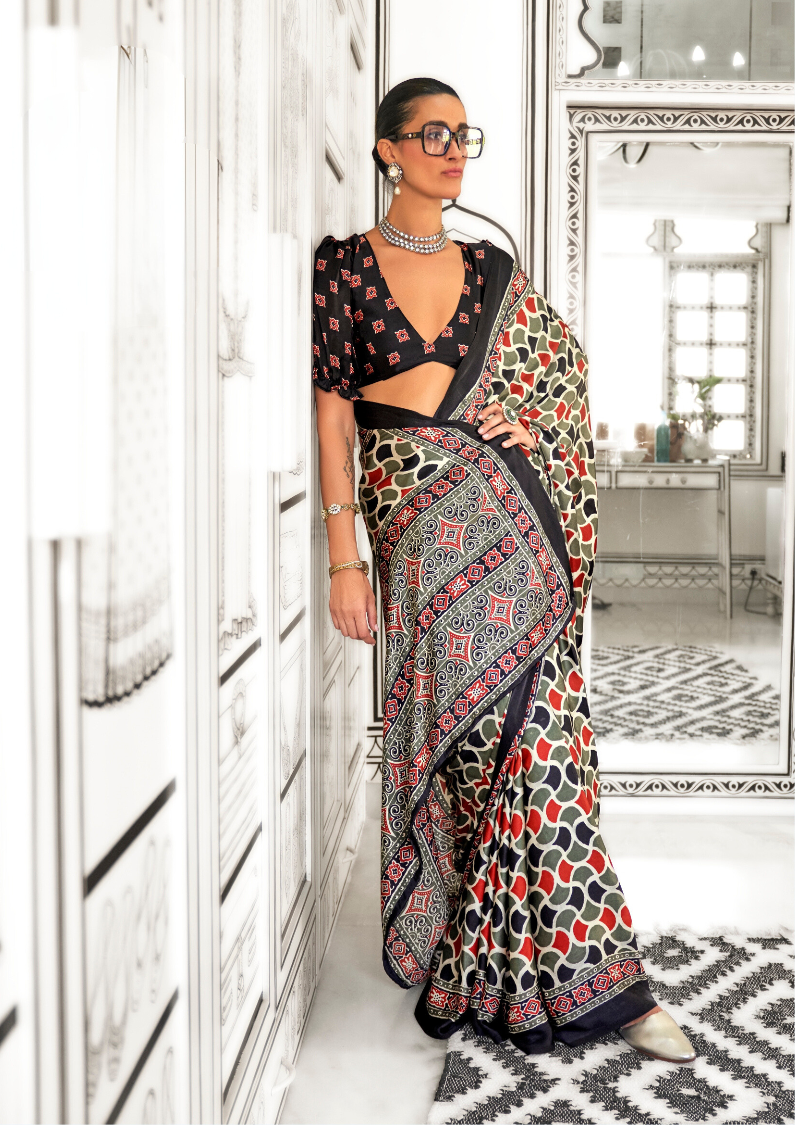 Green and Orange Ajrakh Printed Satin crepe Saree