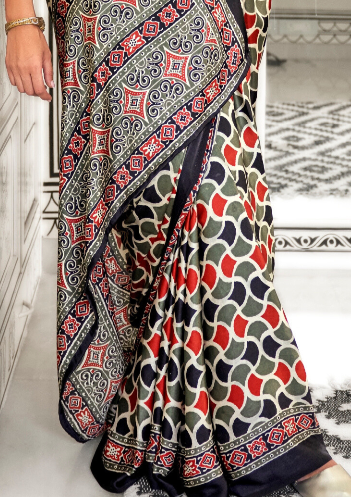 Green and Orange Ajrakh Printed Satin crepe Saree