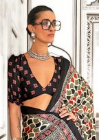 Green and Orange Ajrakh Printed Satin crepe Saree