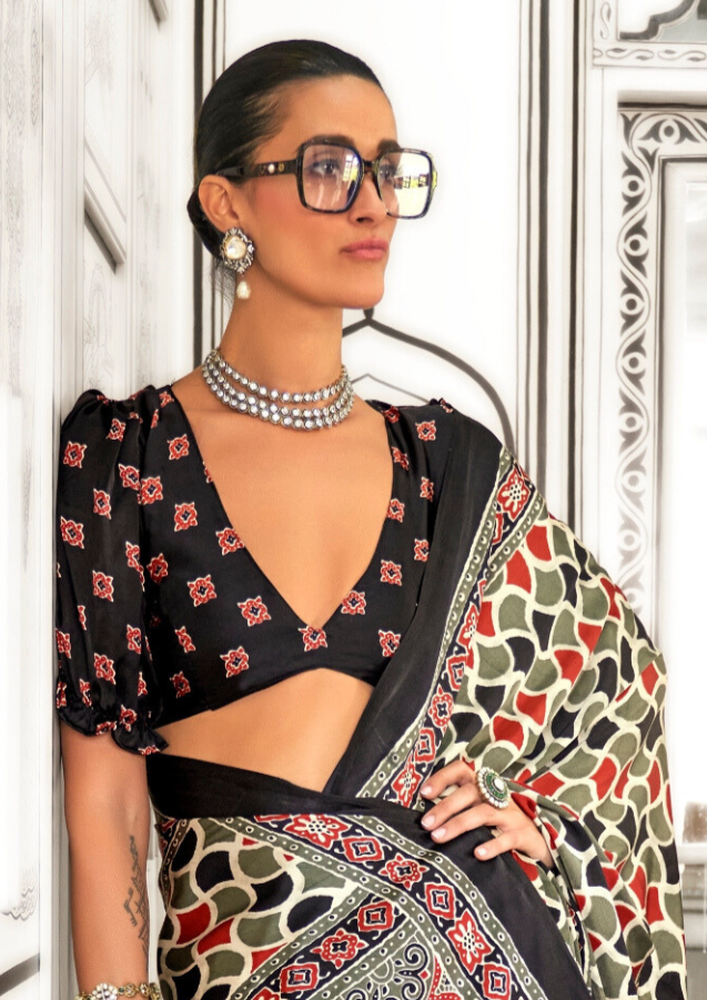Green and Orange Ajrakh Printed Satin crepe Saree