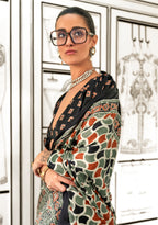 Green and Orange Ajrakh Printed Satin crepe Saree