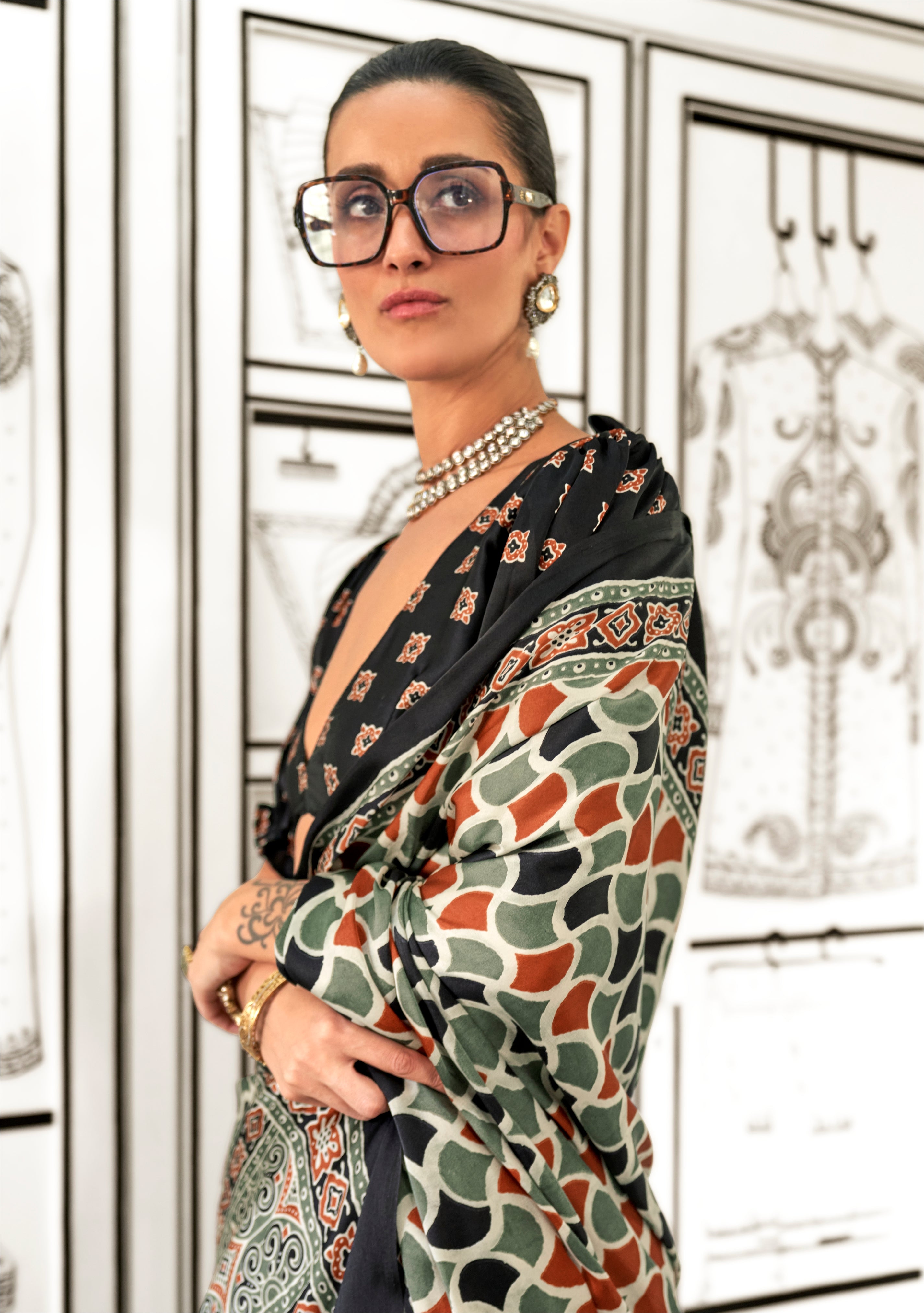 Green and Orange Ajrakh Printed Satin crepe Saree