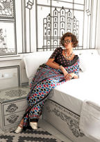 Blue and Pink Ajrakh Printed Satin crepe Saree