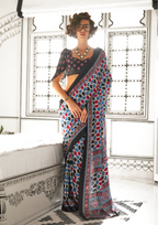 Blue and Pink Ajrakh Printed Satin crepe Saree