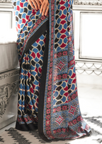 Blue and Pink Ajrakh Printed Satin crepe Saree