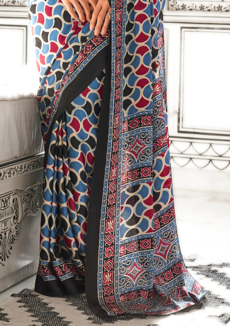 Blue and Pink Ajrakh Printed Satin crepe Saree
