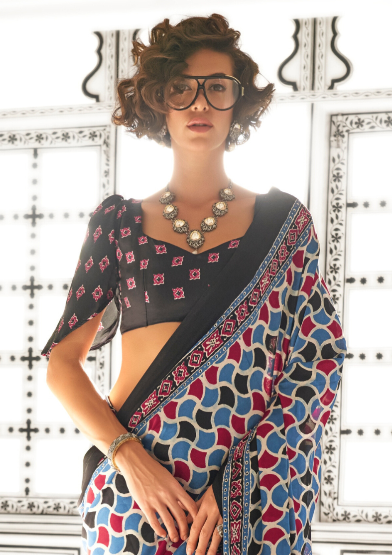 Blue and Pink Ajrakh Printed Satin crepe Saree