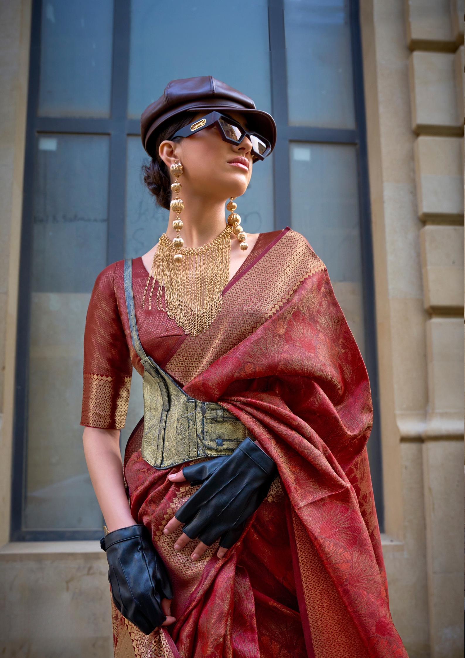 Red Two Tone Organza Weaving Saree