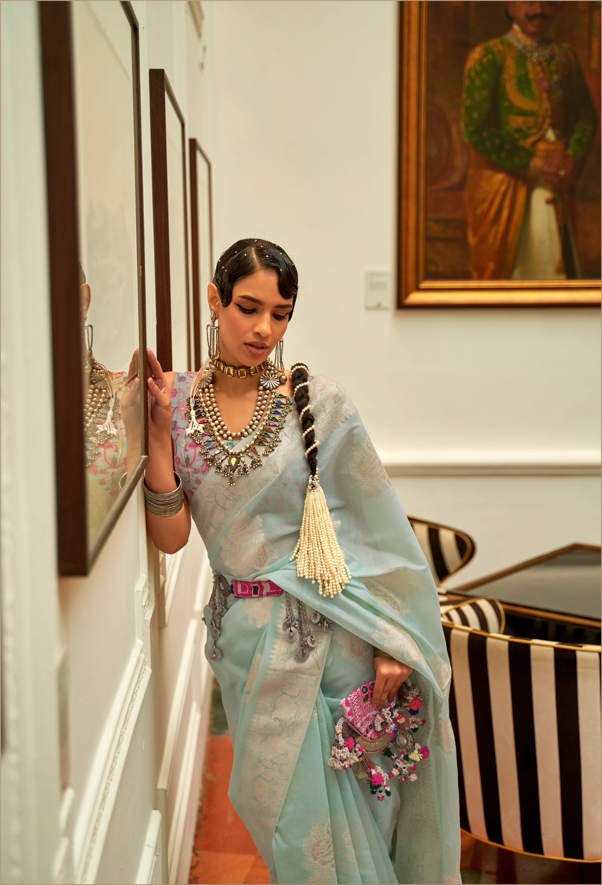 Light Blue Modal  silk Pashmina Pallu Saree