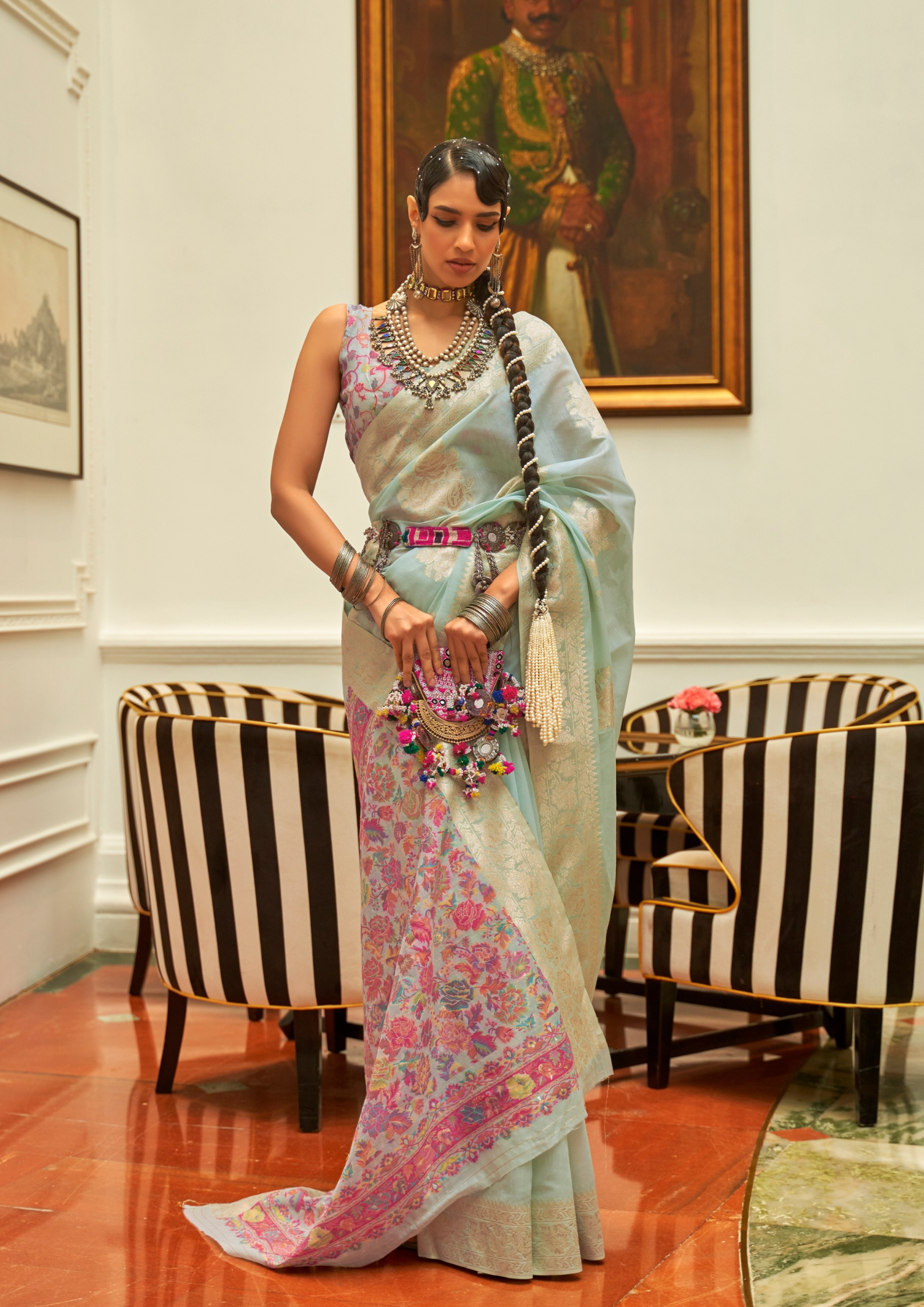 Light Blue Modal  silk Pashmina Pallu Saree