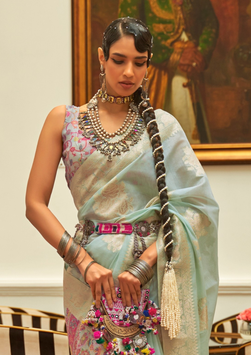Light Blue Modal  silk Pashmina Pallu Saree