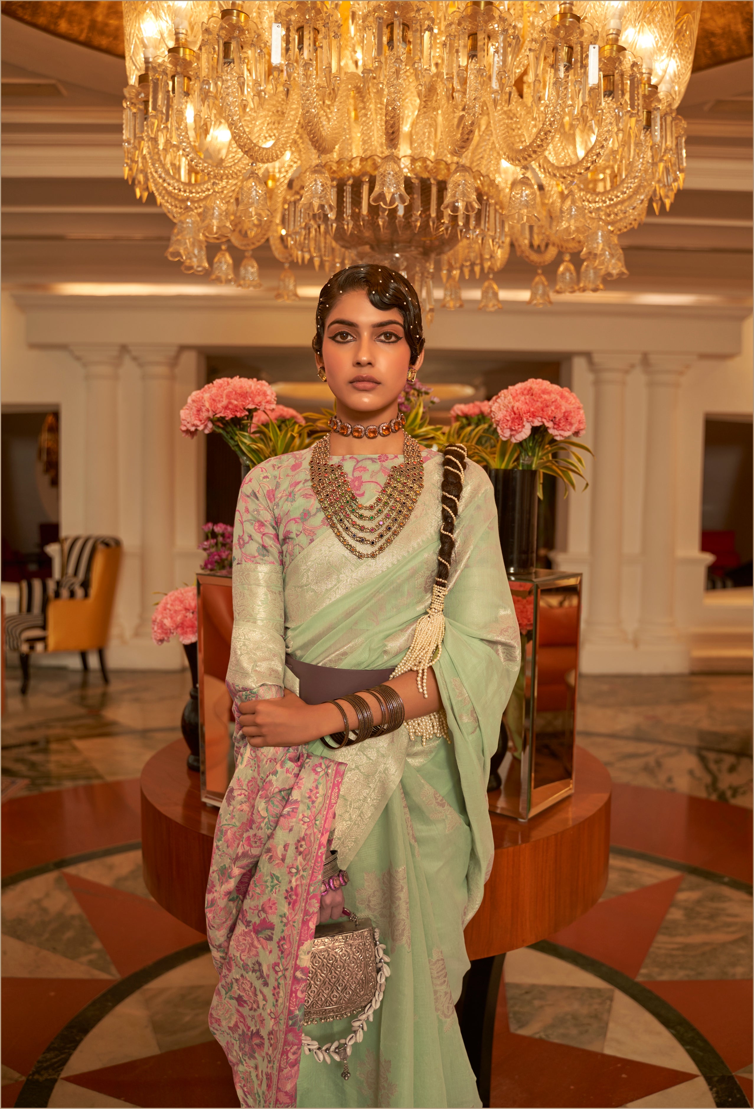 Light Green Modal silk Pashmina Pallu Saree