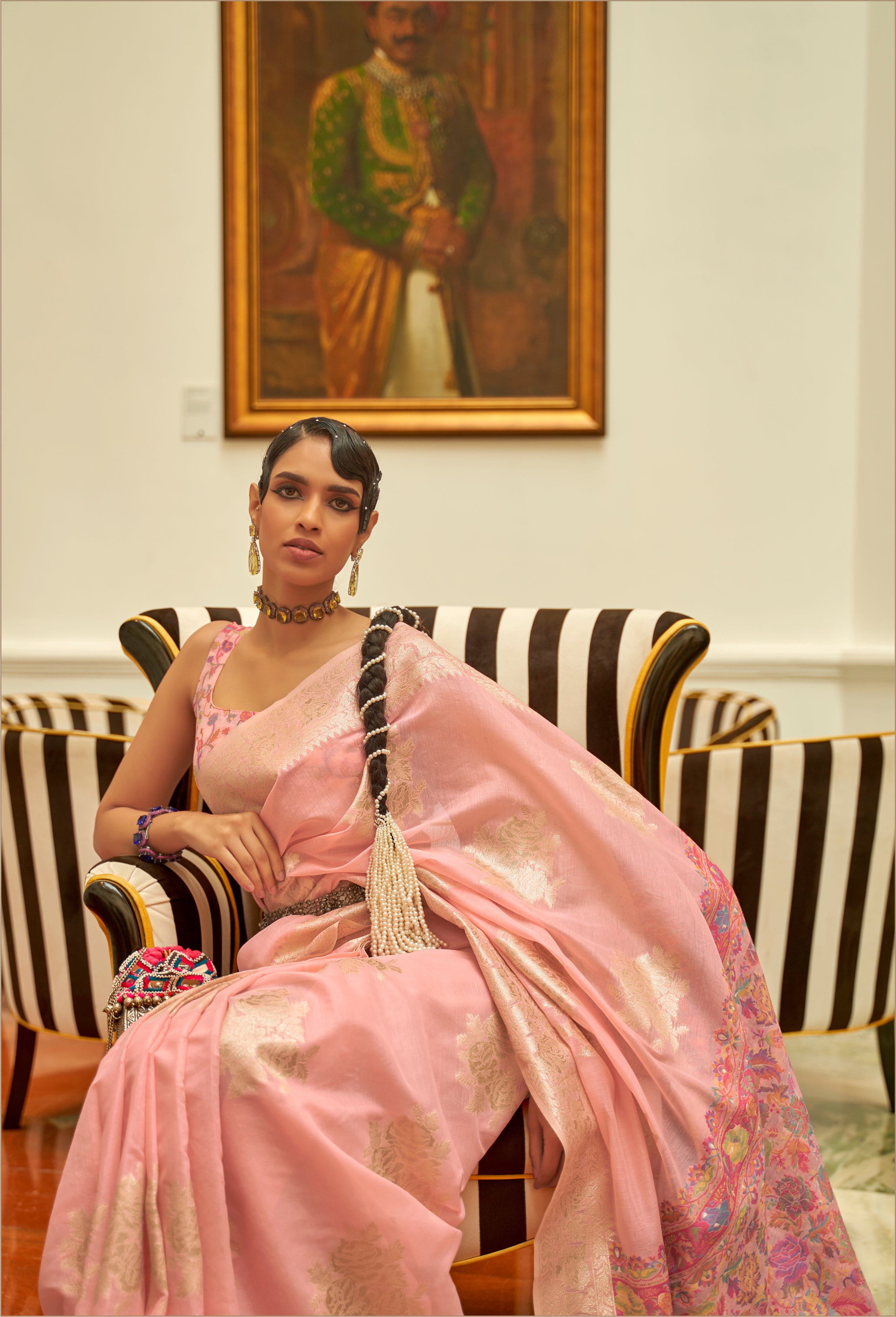Light Peach Modal silk  Pashmina Pallu Saree