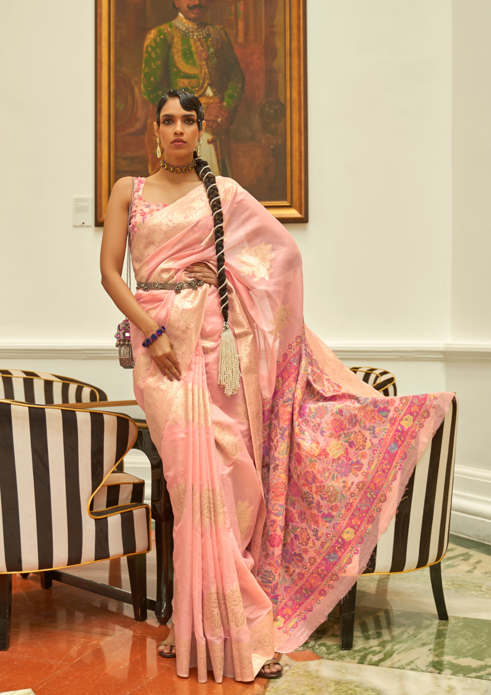 Light Peach Modal silk  Pashmina Pallu Saree