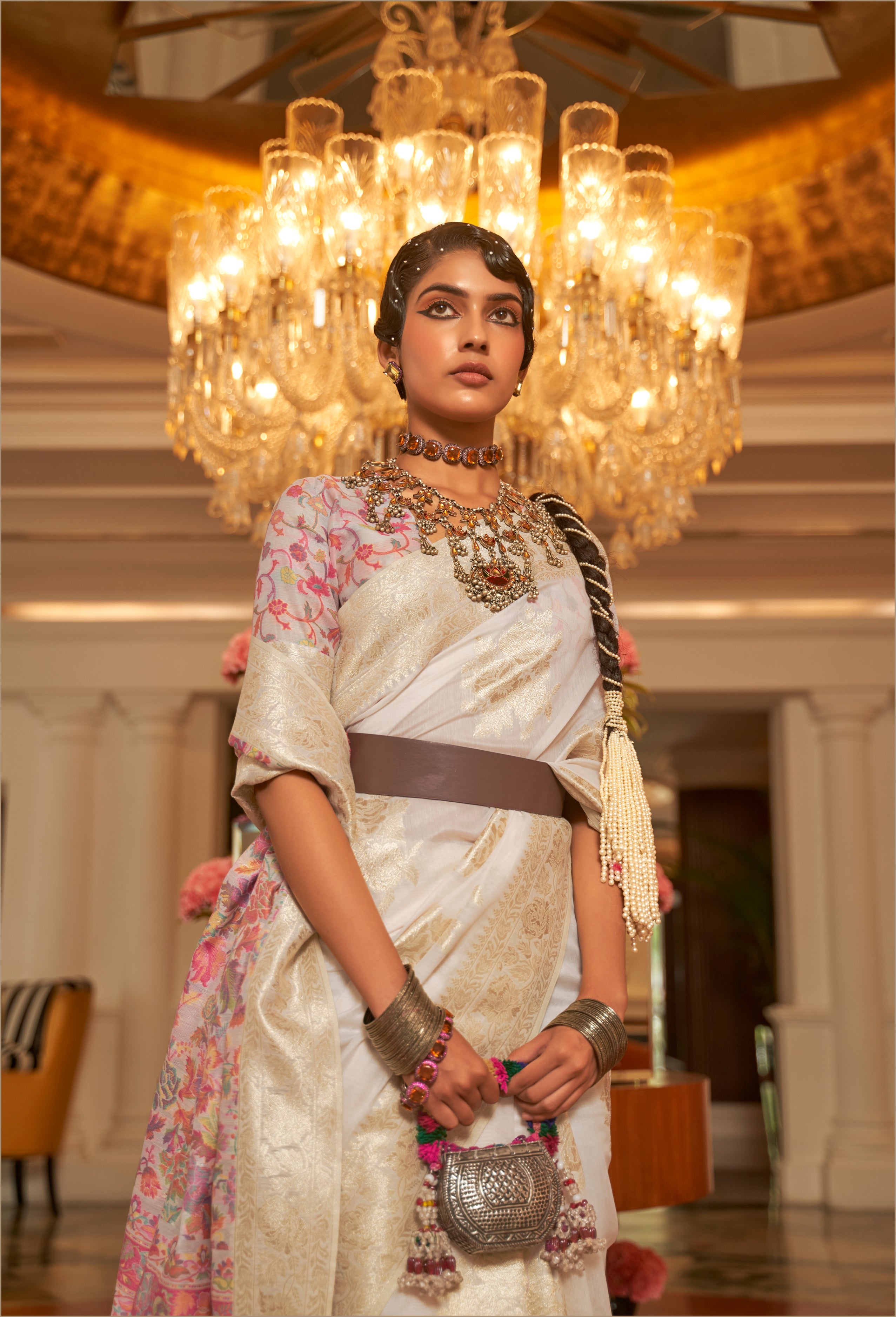 White and Gold Modal silk Pashmina Pallu Saree