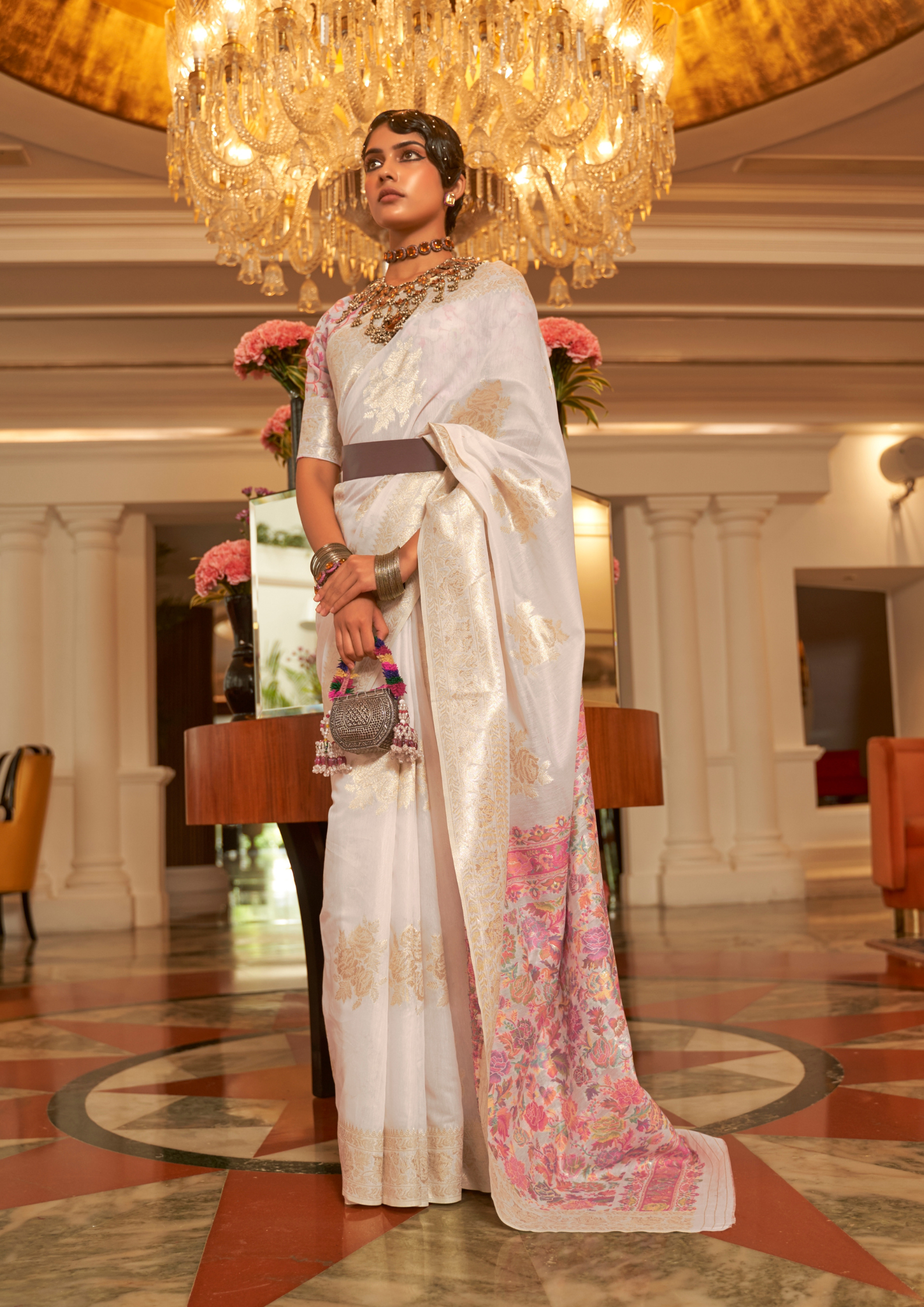 White and Gold Modal silk Pashmina Pallu Saree