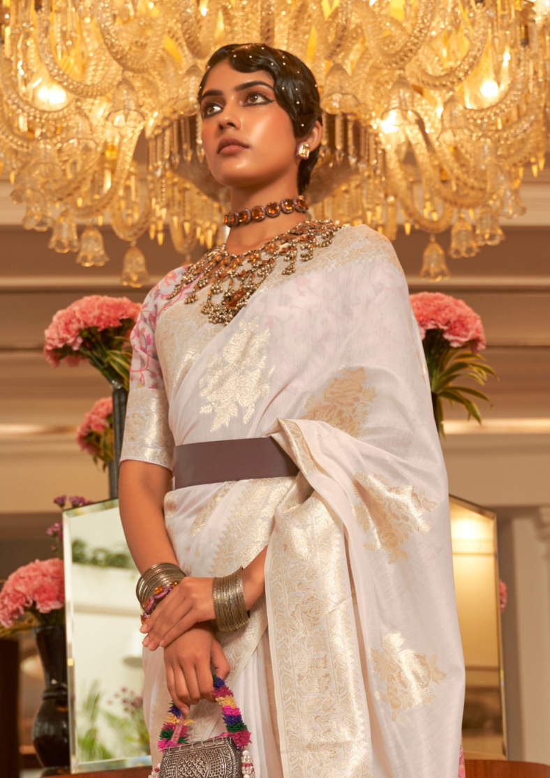 White and Gold Modal silk Pashmina Pallu Saree
